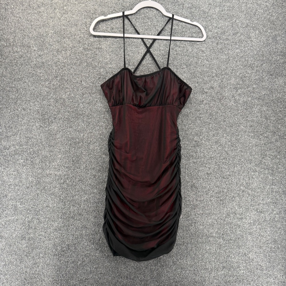 Womens Y2K Dress Size M Red Black Mesh Sheer Bodycon 90s Ruched Fitted Festival